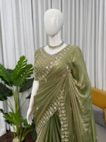 Pista Color Fendi Silk Fabric Sequence With Bead Work Saree