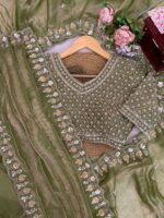 Pista Color Fendi Silk Fabric Sequence With Bead Work Saree