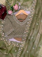 Pista Color Fendi Silk Fabric Sequence With Bead Work Saree