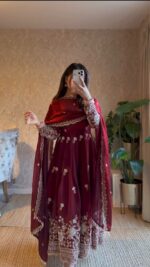 Rani Pink Color Fendi Silk Fabric Thread With Sequence Work Anarkali Suit