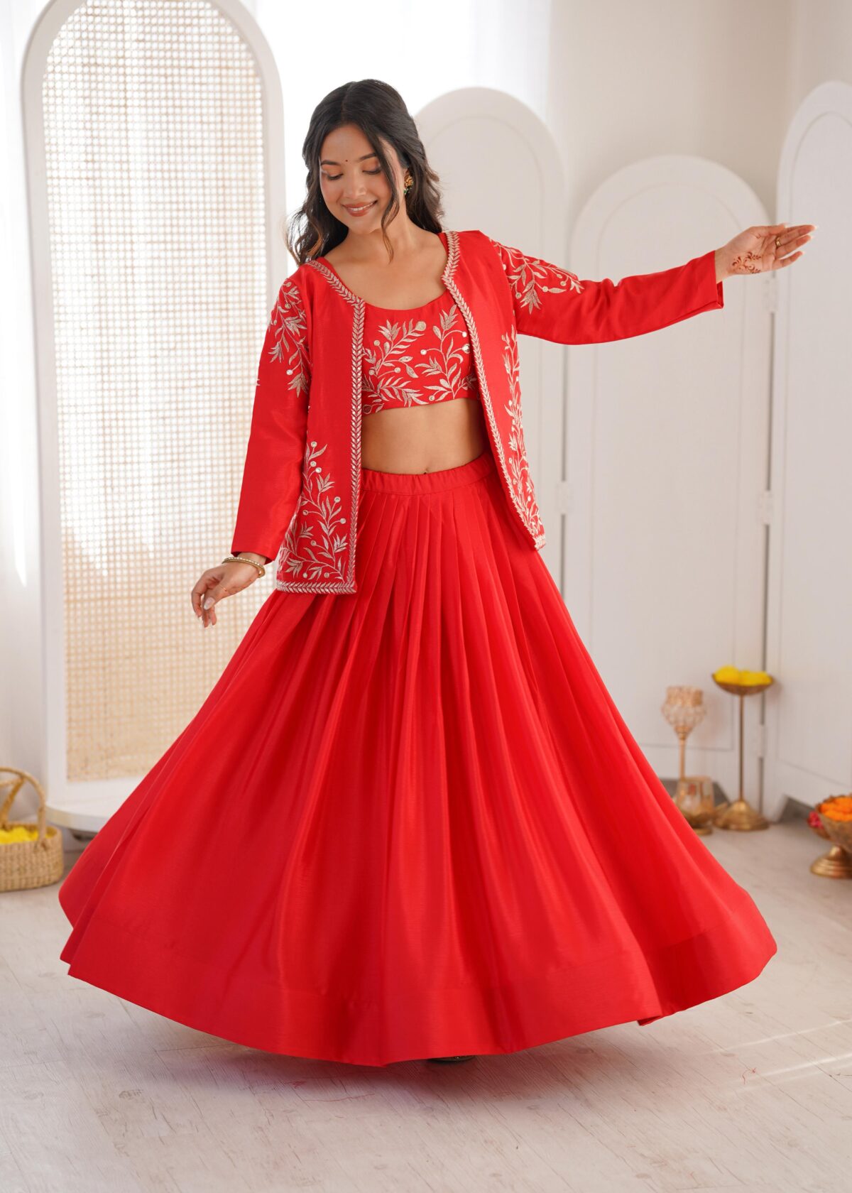 Red Color Chinon Silk Fabric Sequence Work Lehenga