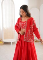 Red Color Chinon Silk Fabric Sequence Work Lehenga