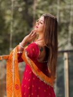 Red Color Faux Georgette Fabric Digital Print With Real Mirror Work Suit