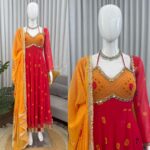 Red Color Faux Georgette Fabric Digital Print With Real Mirror Work Suit