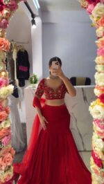 Red Color Faux Georgette Fabric Sequence Work Lehenga Saree