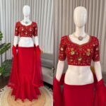 Red Color Faux Georgette Fabric Sequence Work Lehenga Saree
