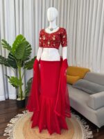 Red Color Faux Georgette Fabric Sequence Work Lehenga Saree