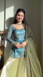 Sky Color Fendi Silk Fabric Sequence With Real Mirror Work Palazzo Set