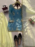 Sky Color Fendi Silk Fabric Sequence With Real Mirror Work Palazzo Set