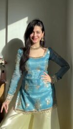 Sky Color Fendi Silk Fabric Sequence With Real Mirror Work Palazzo Set