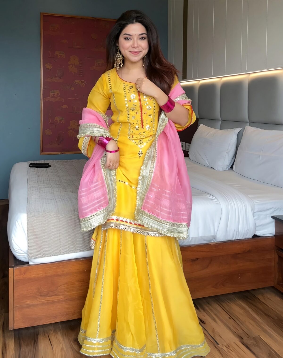 Special For Haldi Yellow Color Chinon Silk Fabric Sequence With Jari Work Sharara Set