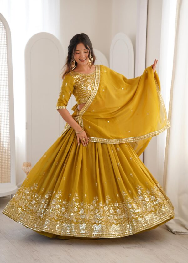 Special For Haldi Yellow Color Shimmer Silk Fabric Sequence Work Lehenga
