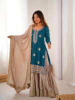 Teal Blue Color Chinon Silk Fabric Pearl Work Sharara Suit