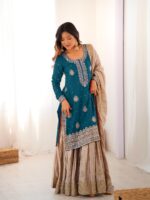 Teal Blue Color Chinon Silk Fabric Pearl Work Sharara Suit