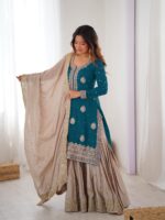 Teal Blue Color Chinon Silk Fabric Pearl Work Sharara Suit