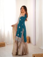 Teal Blue Color Chinon Silk Fabric Pearl Work Sharara Suit