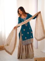 Teal Blue Color Chinon Silk Fabric Pearl Work Sharara Suit