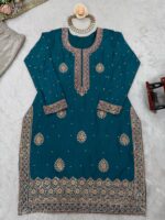 Teal Blue Color Chinon Silk Fabric Pearl Work Sharara Suit