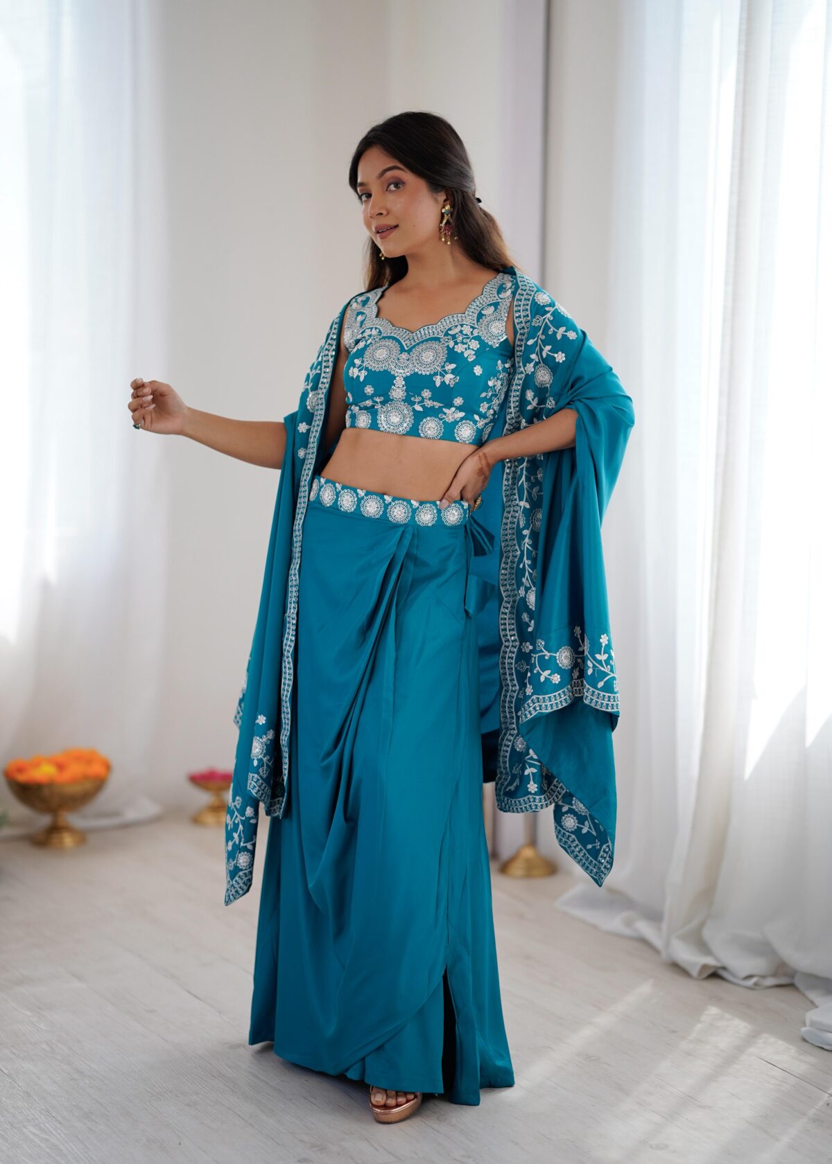 Teal Blue Color French Crepe Fabric Sequence Work Western Dhoti Style Lehenga
