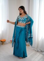 Teal Blue Color French Crepe Fabric Sequence Work Western Dhoti Style Lehenga