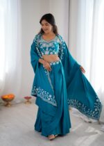 Teal Blue Color French Crepe Fabric Sequence Work Western Dhoti Style Lehenga