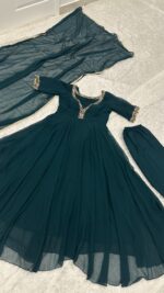 Teal Blue Color Georgette Fabric Sequence With Jari Work Gown