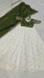 White Color Pure Crepe Silk Fabric Sequence With Jari Work Lehenga
