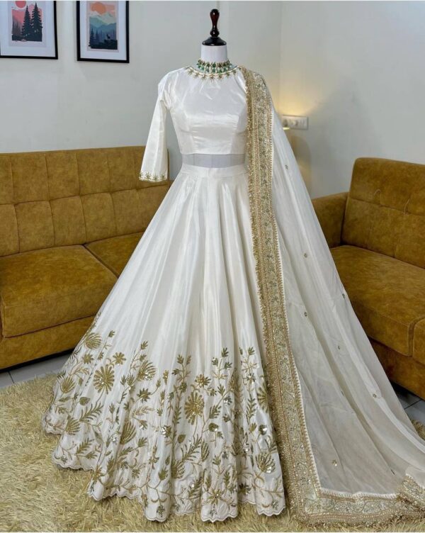 White Color Slub Silk Fabric Sequence With Jari Work Lehenga
