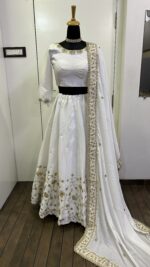 White Color Slub Silk Fabric Sequence With Jari Work Lehenga