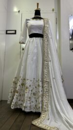 White Color Slub Silk Fabric Sequence With Jari Work Lehenga