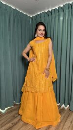 Yellow Color Georgette Fabric Paper Mirror Work Haldi Special Top Lehenga Set