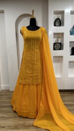 Yellow Color Georgette Fabric Paper Mirror Work Haldi Special Top Lehenga Set