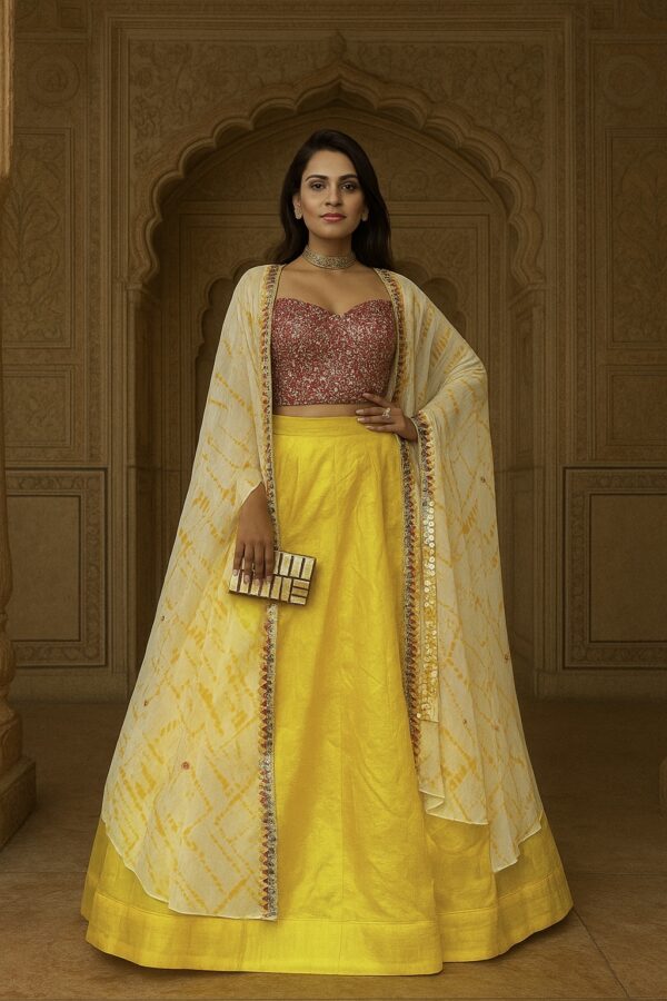 Yellow Color Kasturi Slub Silk Fabric Haldi Special Koti Style Lehenga