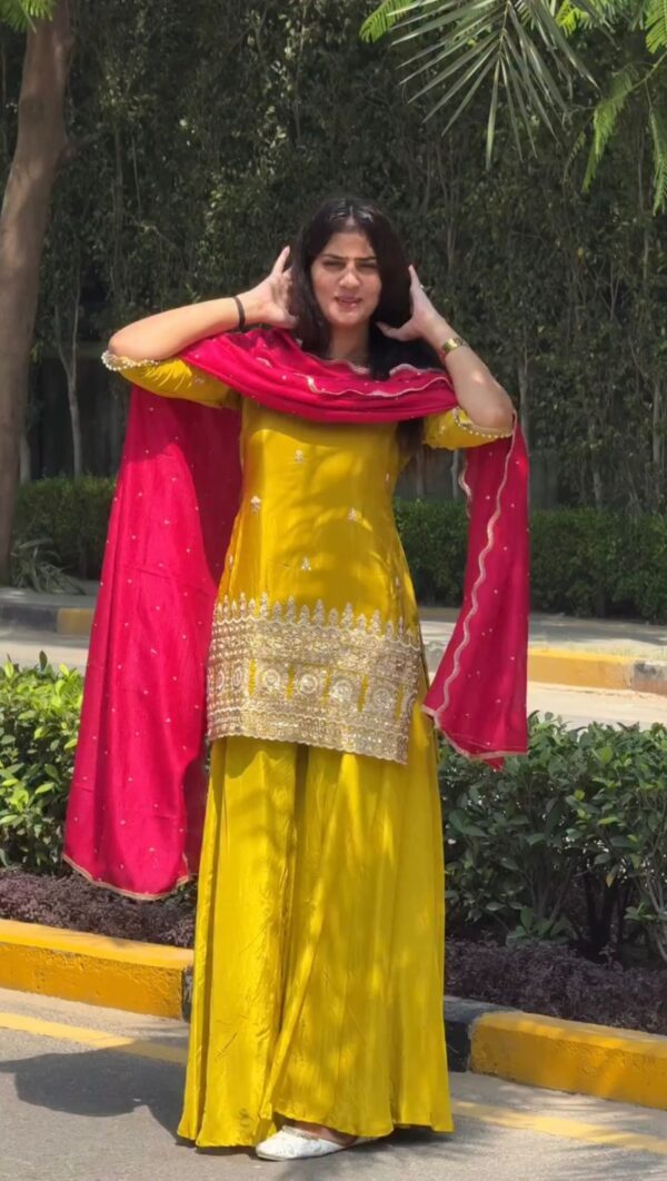 Yellow Color Natural Crepe Silk Fabric Sequence With Thread Work Sharara Set
