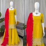 Yellow Color Natural Crepe Silk Fabric Sequence With Thread Work Sharara Set