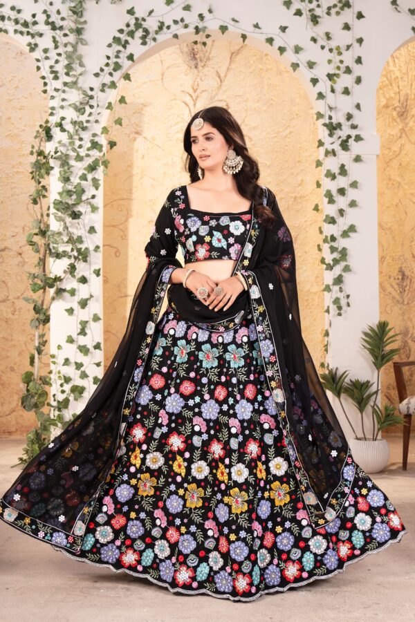 Black Color Faux Georgette Fabric Sequence Work Lehenga