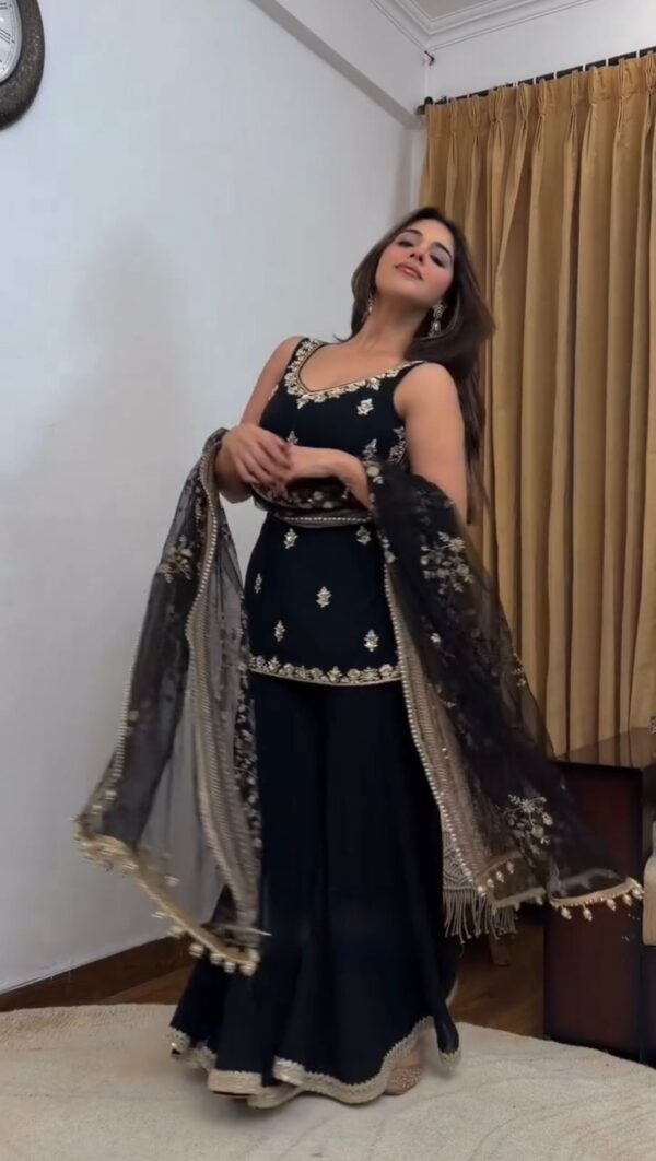 Black Color Faux Georgette Fabric Thread With Sequence Work Palazzo Suit