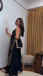 Black Color Faux Georgette Fabric Thread With Sequence Work Palazzo Suit