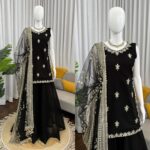 Black Color Faux Georgette Fabric Thread With Sequence Work Palazzo Suit
