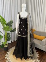 Black Color Faux Georgette Fabric Thread With Sequence Work Palazzo Suit
