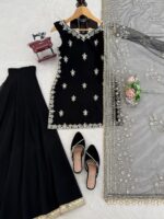 Black Color Faux Georgette Fabric Thread With Sequence Work Palazzo Suit