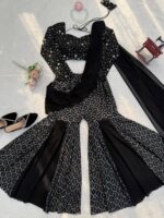 Black Color Faux Georgette Fabric Thread With Sequence Work Sharara Choli