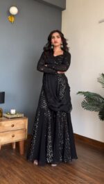 Black Color Faux Georgette Fabric Thread With Sequence Work Sharara Choli