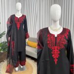 Black Color Rayon Cotton Fabric Thread Work Suit