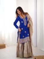 Blue Color Chinon Silk Fabric Pearl Work Sharara Suit