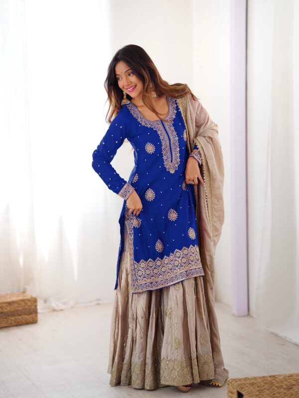 Blue Color Chinon Silk Fabric Pearl Work Sharara Suit