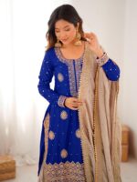Blue Color Chinon Silk Fabric Pearl Work Sharara Suit