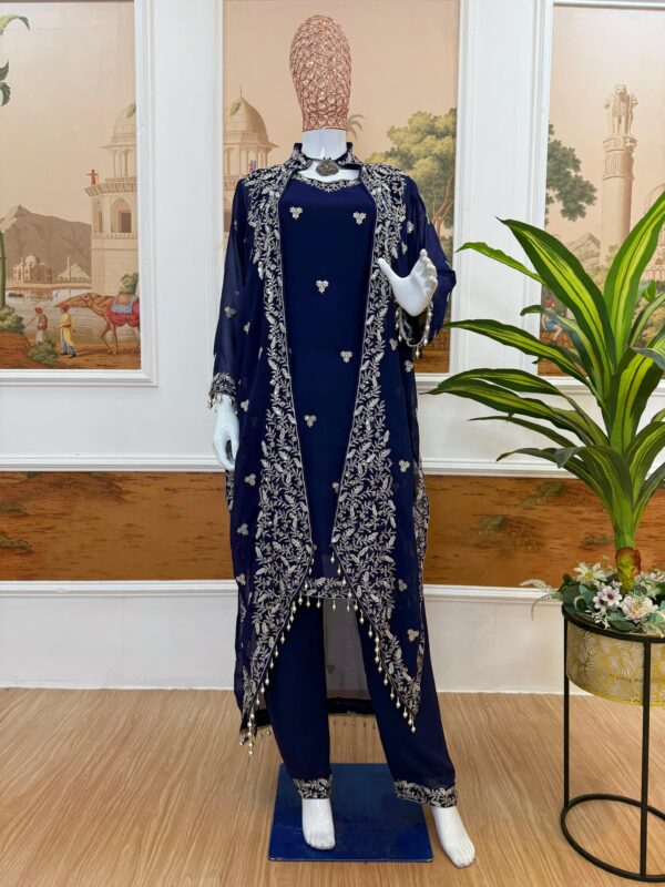 Blue Color Faux Georgette Fabric Embroidery Work Koti Style Suit