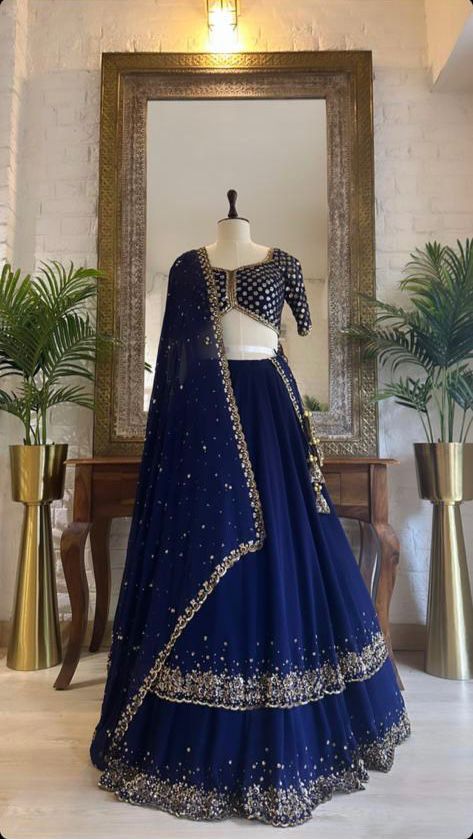 Blue Color Georgette Fabric Jari Work With Sequence Work Lehenga