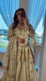 Cream Color Chinon Fabric Bead Work With Real Mirror Work Top Lehenga